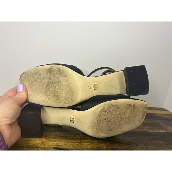 Badgley Mischka Infinity Embellished Mid Block Heel Sandals Black Satin Sz 9.5 - Picture 8 of 9
